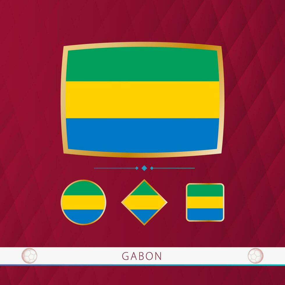 Set of Gabon flags with gold frame for use at sporting events on a burgundy abstract background. vector