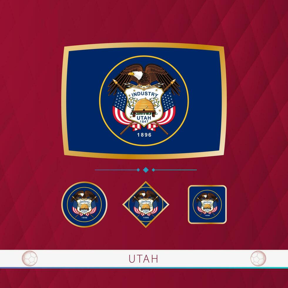 Set of Utah flags with gold frame for use at sporting events on a burgundy abstract background. vector