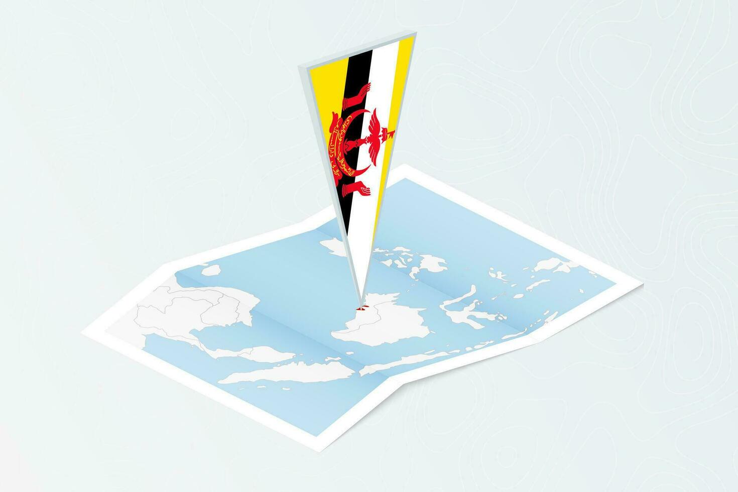 Isometric paper map of Brunei with triangular flag of Brunei in isometric style. Map on topographic background. vector