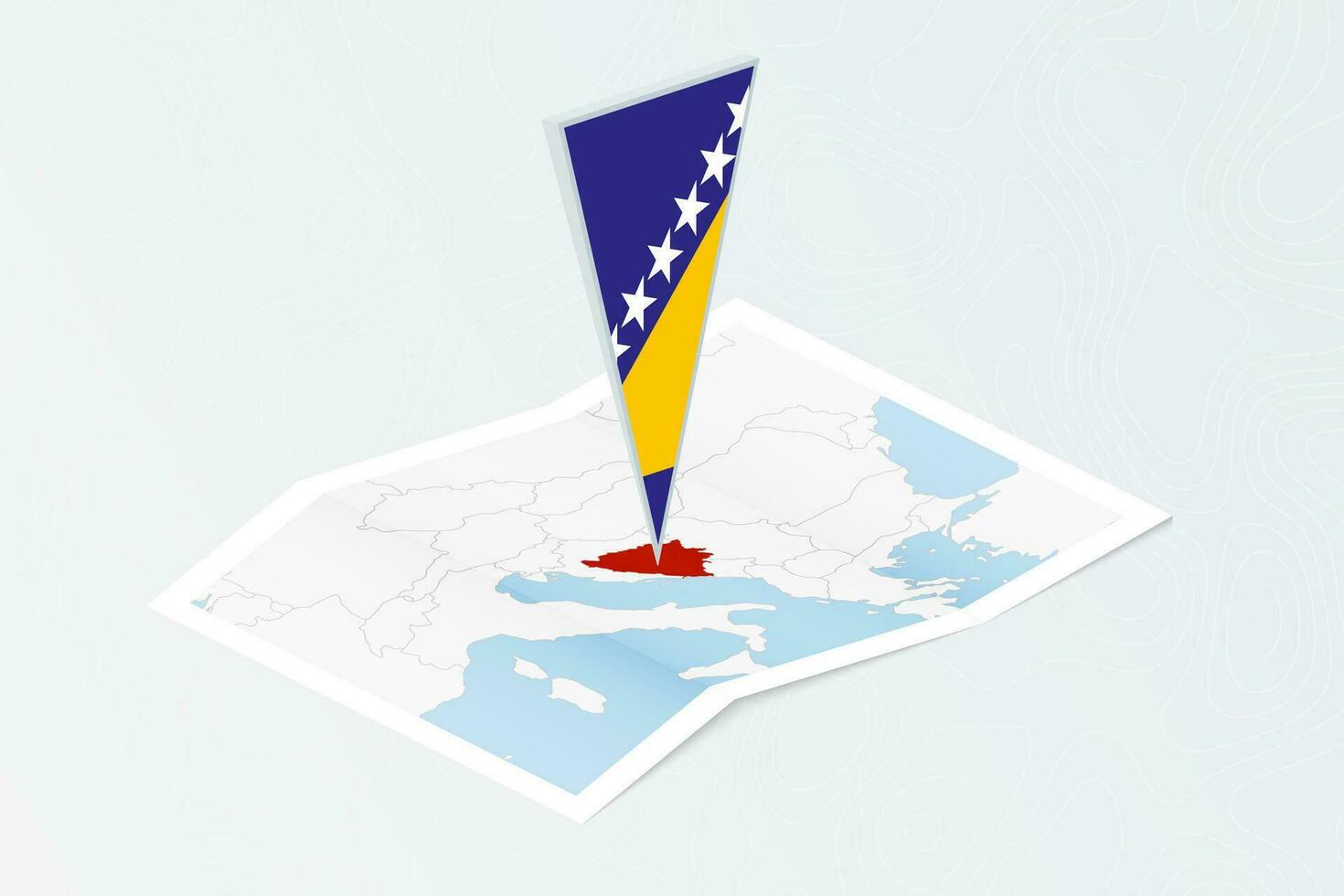 Isometric paper map of Bosnia and Herzegovina with triangular flag of Bosnia and Herzegovina in isometric style. Map on topographic background. vector
