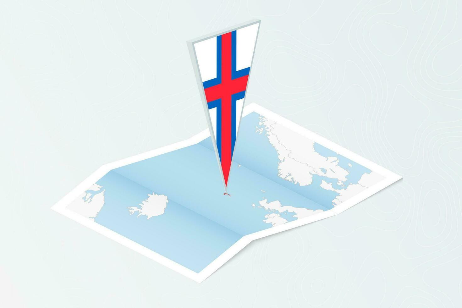 Isometric paper map of Faroe Islands with triangular flag of Faroe Islands in isometric style. Map on topographic background. vector