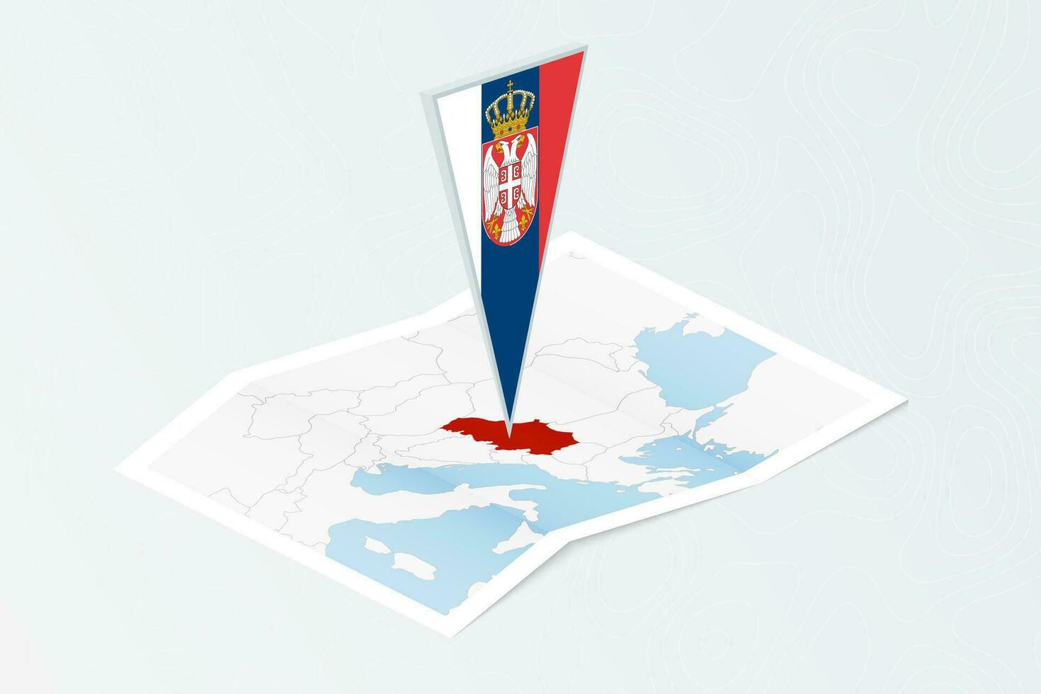 isométrica papel mapa de serbia con triangular bandera de serbia en isométrica estilo. mapa en topográfico antecedentes. vector