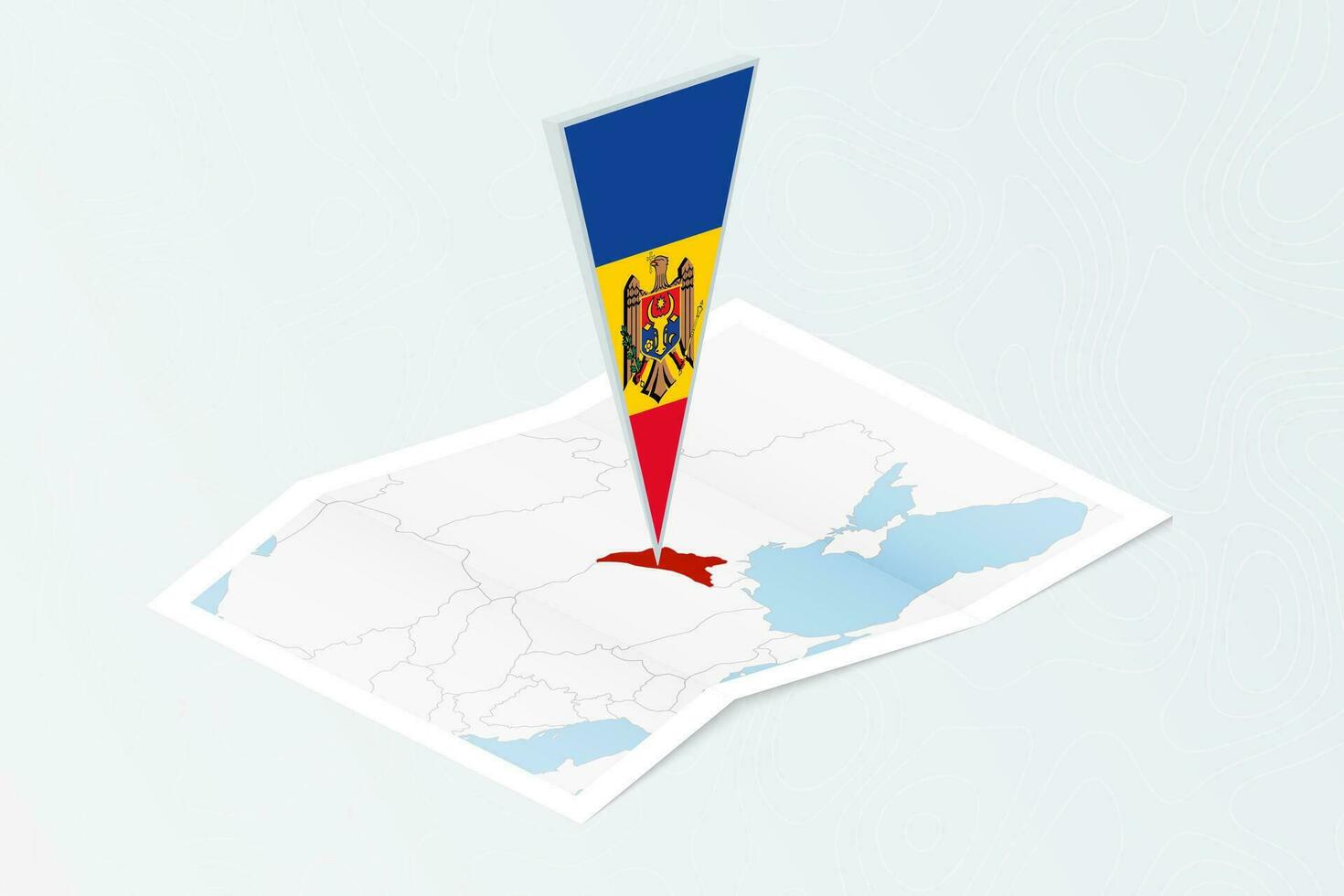 Isometric paper map of Moldova with triangular flag of Moldova in isometric style. Map on topographic background. vector