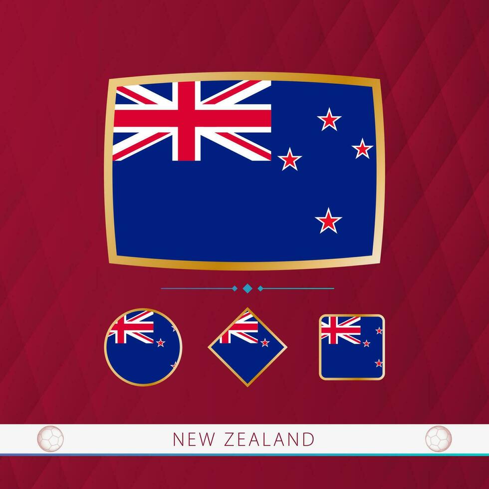 Set of New Zealand flags with gold frame for use at sporting events on a burgundy abstract background. vector