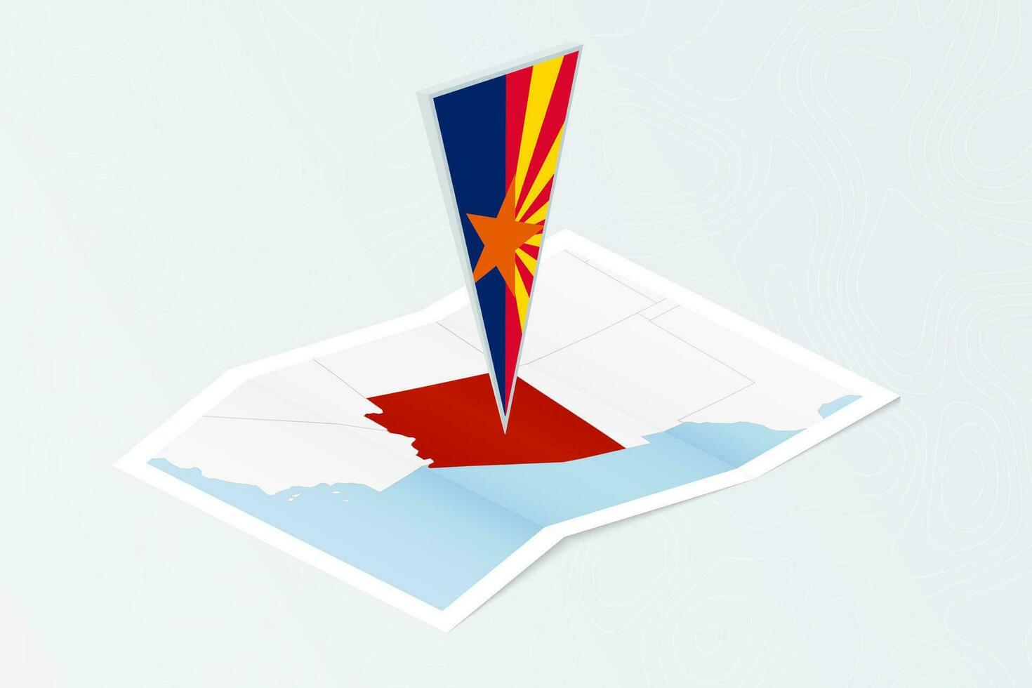 Isometric paper map of Arizona with triangular flag of Arizona in isometric style. Map on topographic background. vector