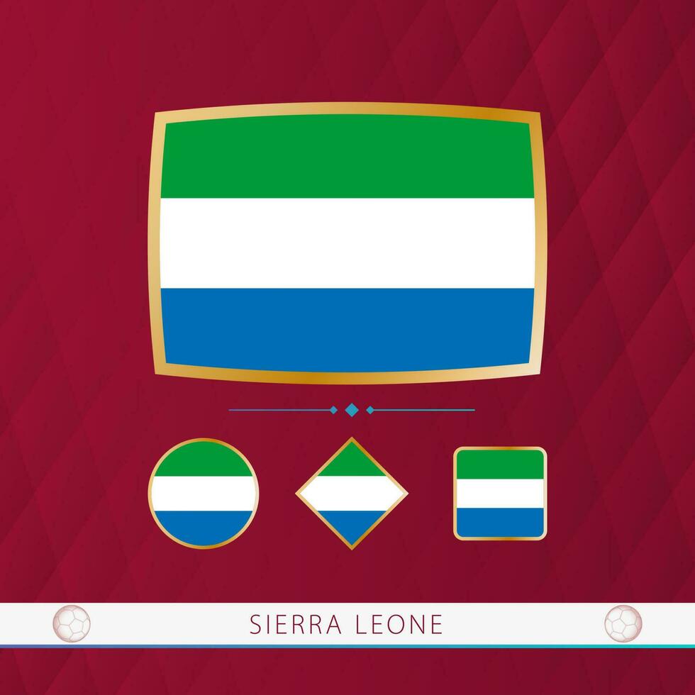 Set of Sierra Leone flags with gold frame for use at sporting events on a burgundy abstract background. vector