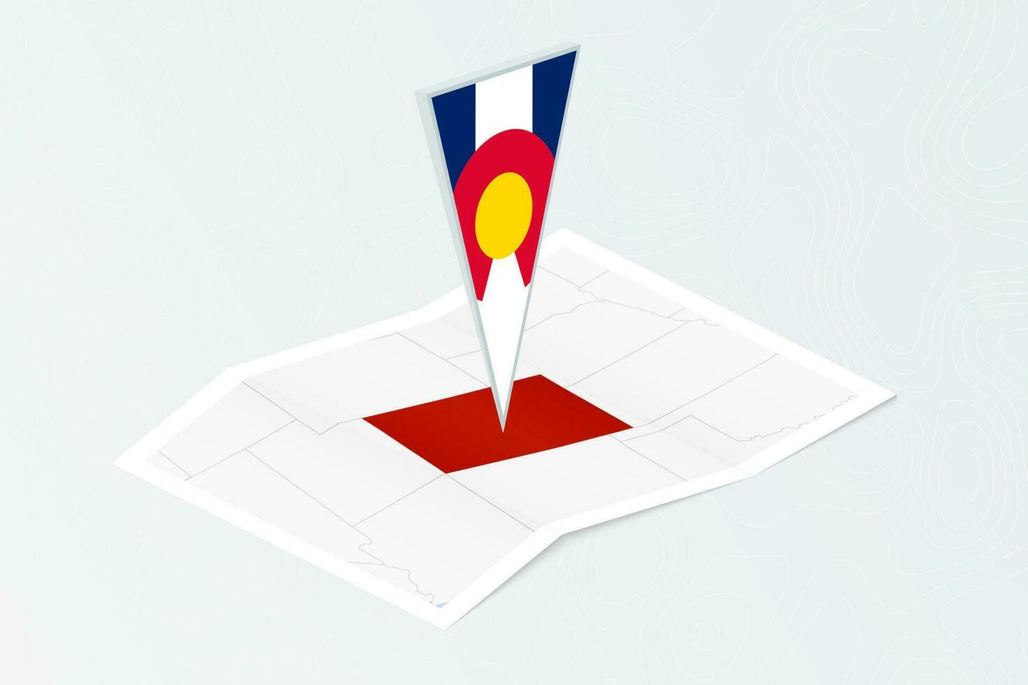 Isometric paper map of Colorado with triangular flag of Colorado in isometric style. Map on topographic background. vector