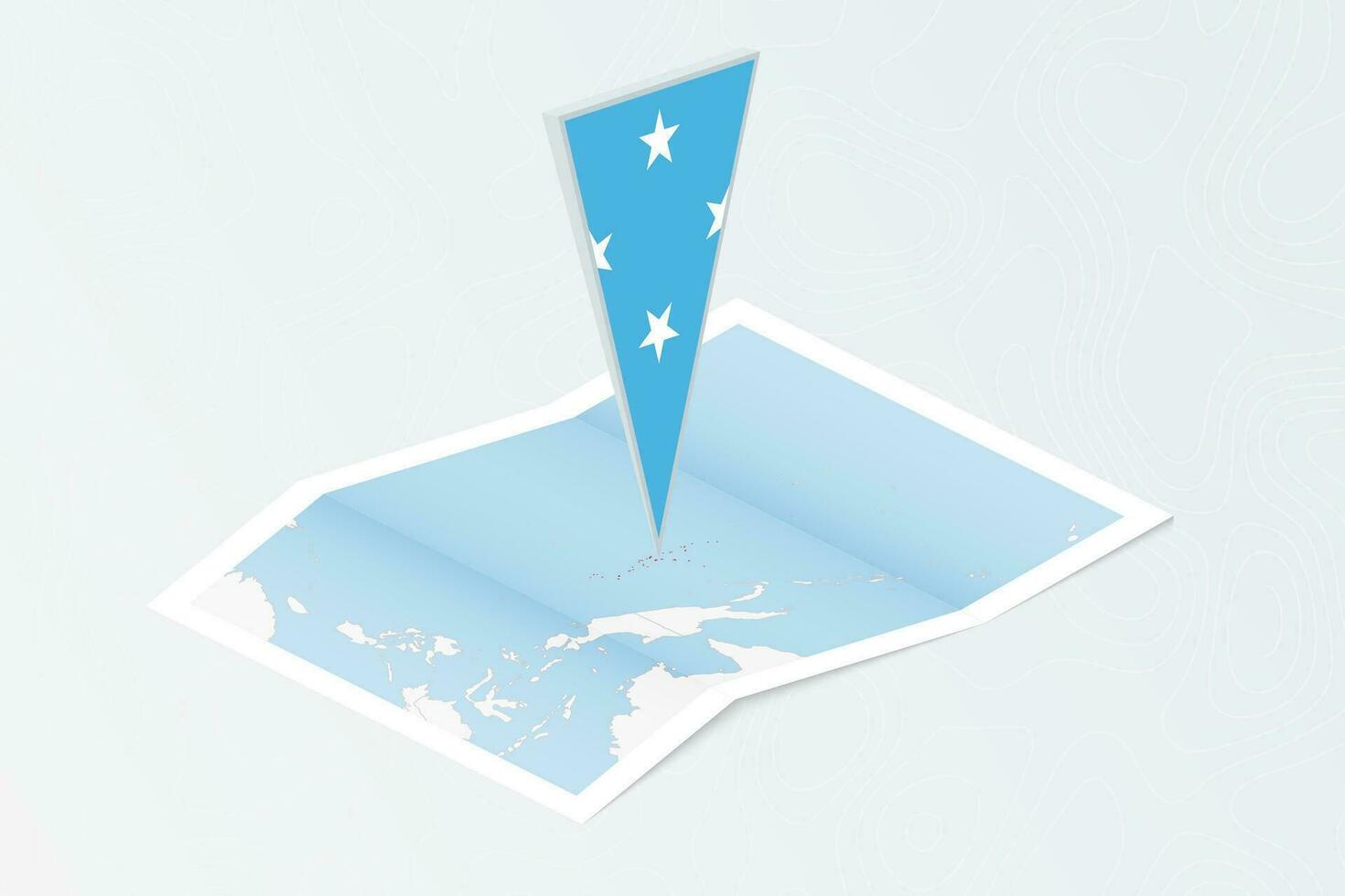 Isometric paper map of Micronesia with triangular flag of Micronesia in isometric style. Map on topographic background. vector