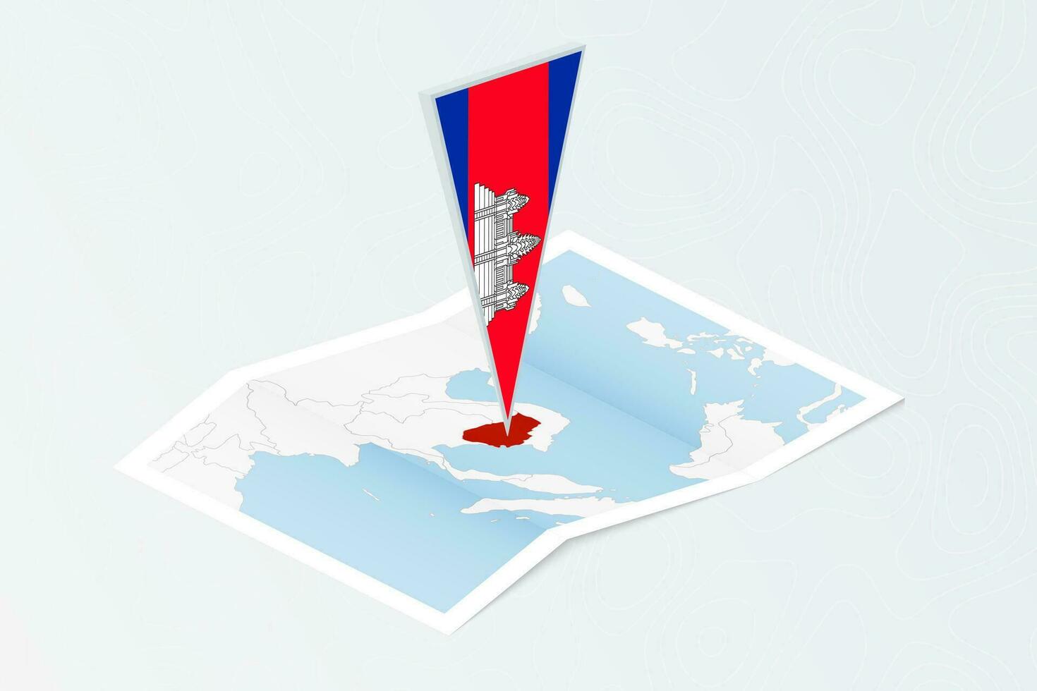 Isometric paper map of Cambodia with triangular flag of Cambodia in isometric style. Map on topographic background. vector