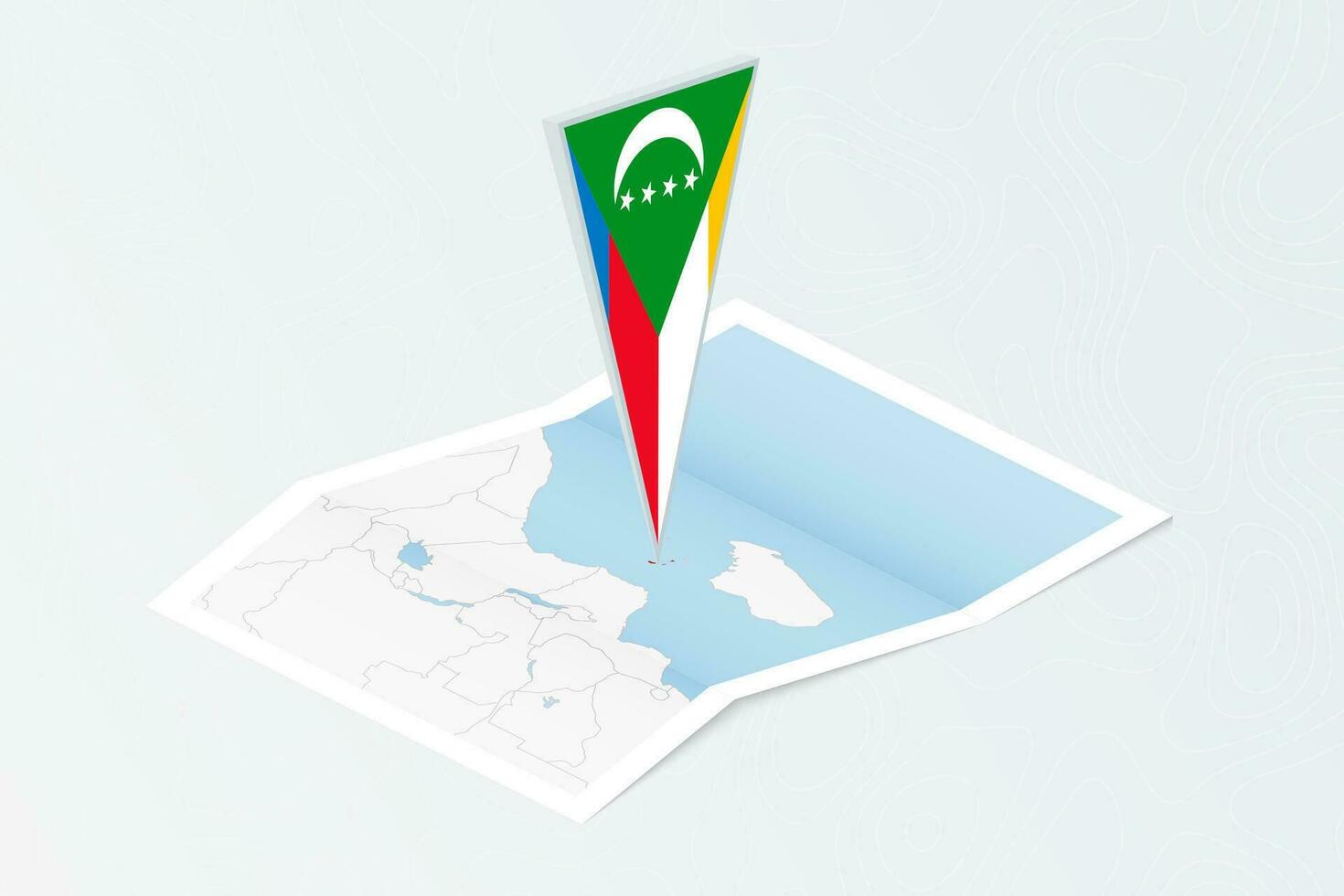 Isometric paper map of Comoros with triangular flag of Comoros in isometric style. Map on topographic background. vector