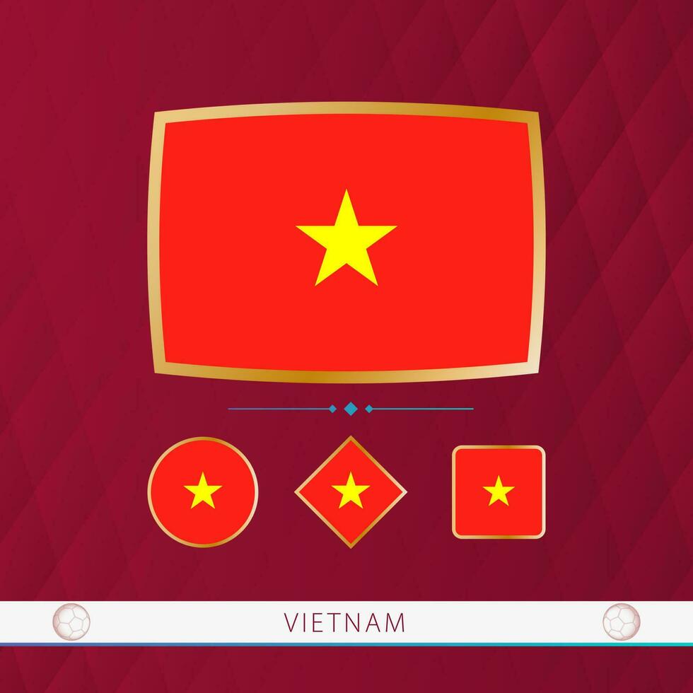 Set of Vietnam flags with gold frame for use at sporting events on a burgundy abstract background. vector