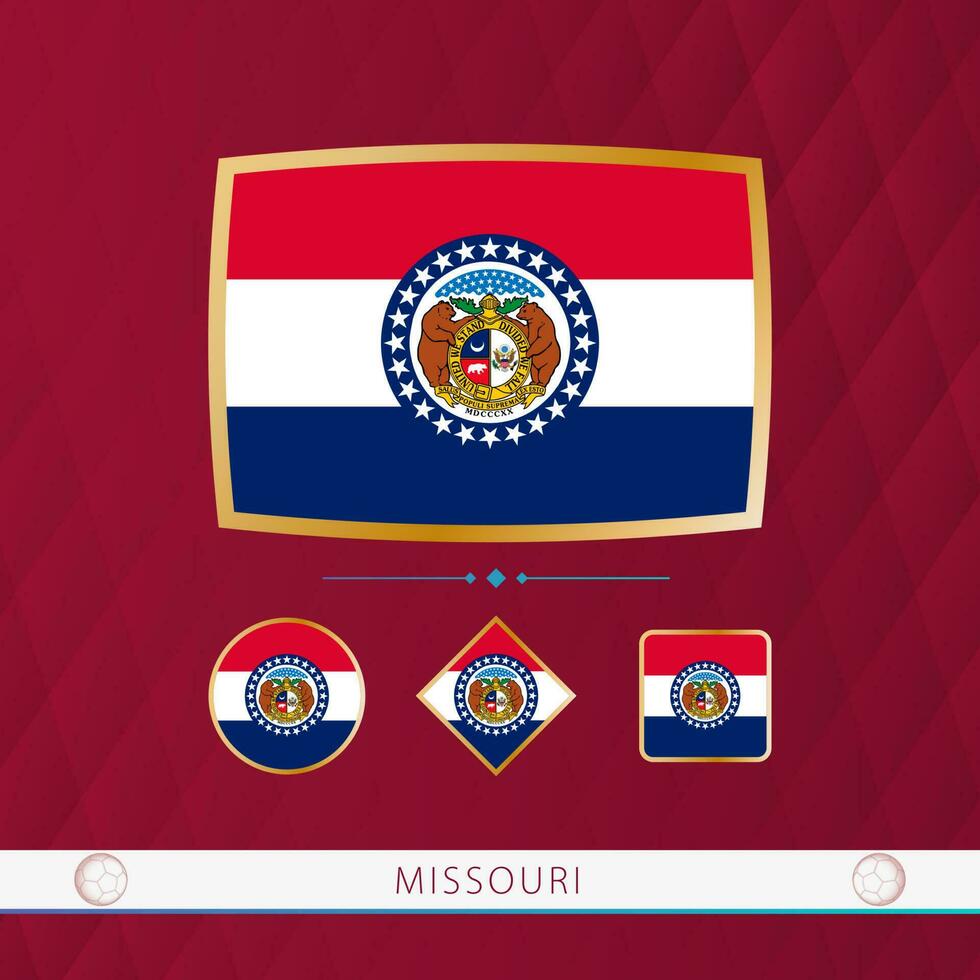 Set of Missouri flags with gold frame for use at sporting events on a burgundy abstract background. vector