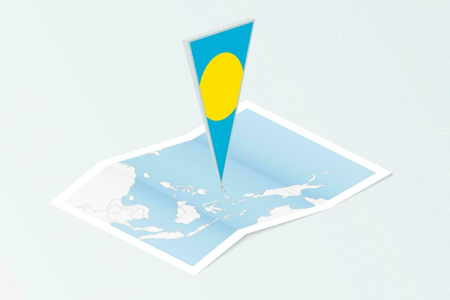 Isometric paper map of Palau with triangular flag of Palau in isometric style. Map on topographic background. vector