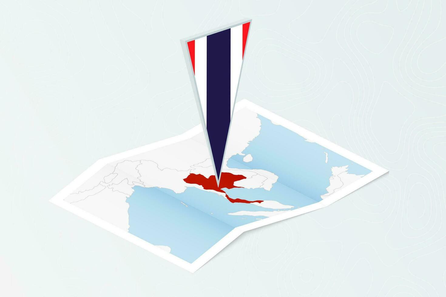 Isometric paper map of Thailand with triangular flag of Thailand in isometric style. Map on topographic background. vector