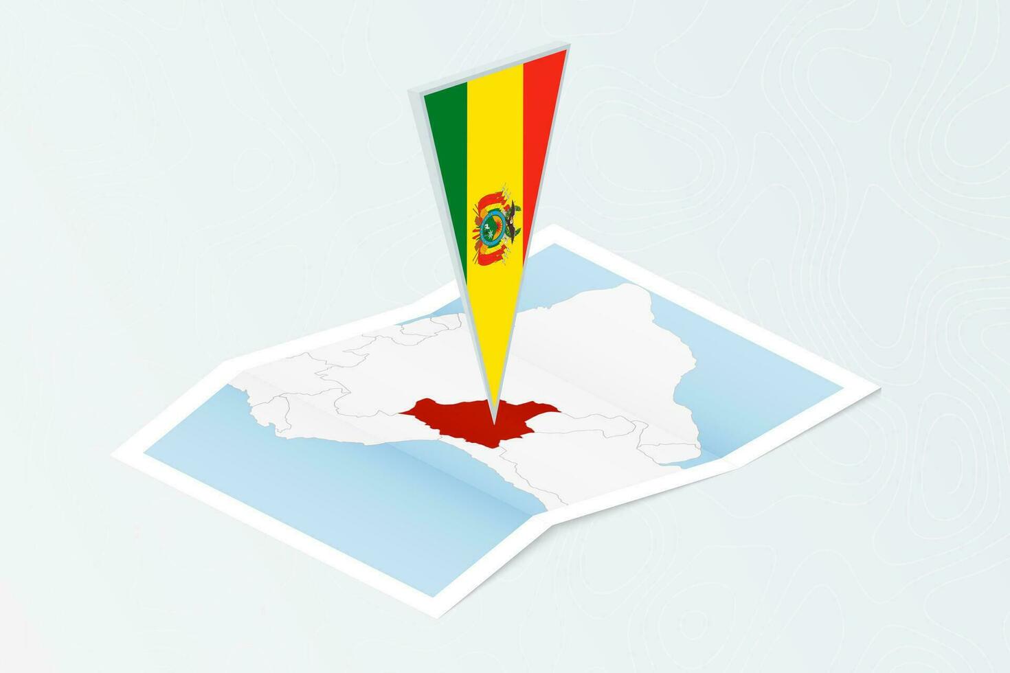 Isometric paper map of Bolivia with triangular flag of Bolivia in isometric style. Map on topographic background. vector