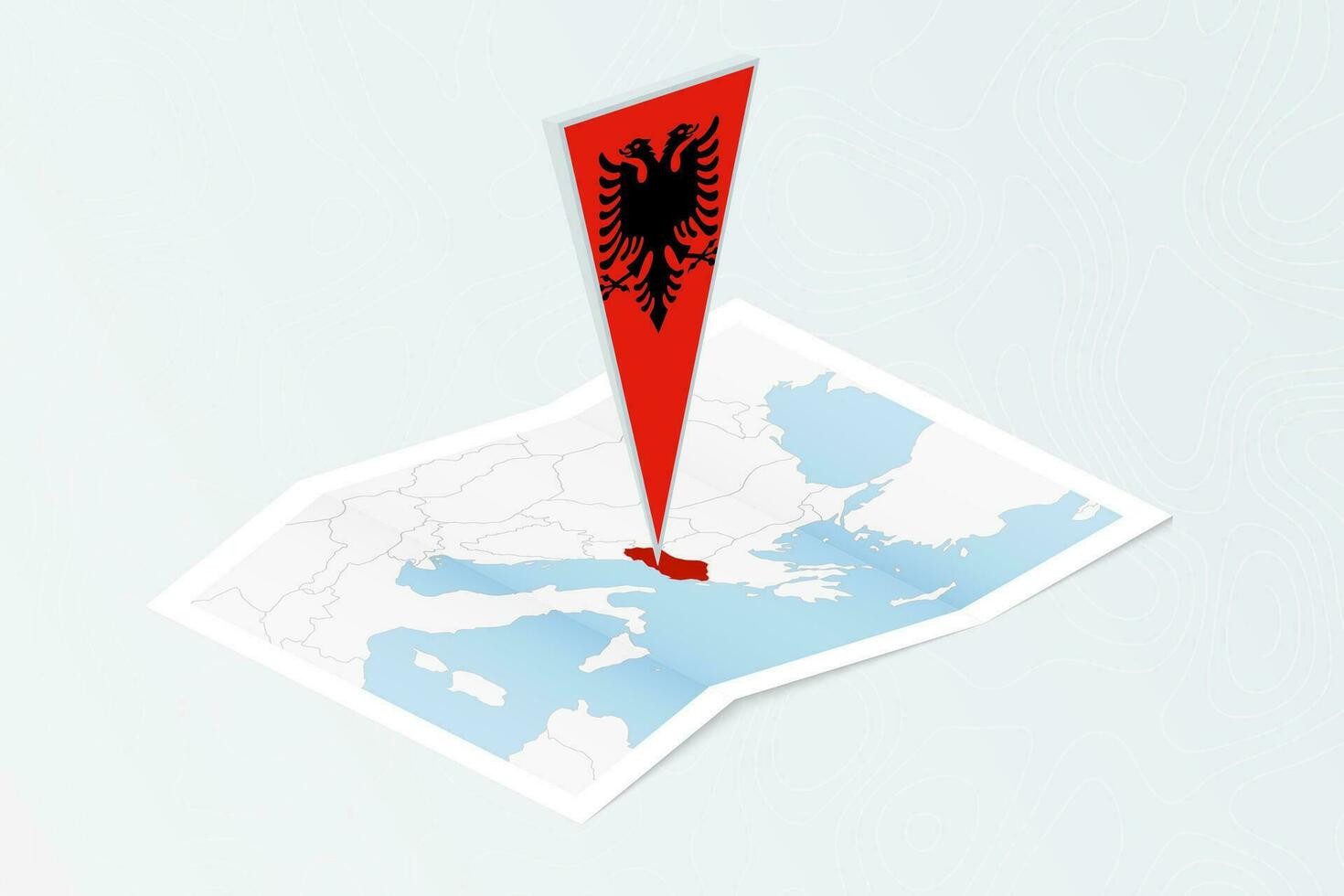 Isometric paper map of Albania with triangular flag of Albania in isometric style. Map on topographic background. vector