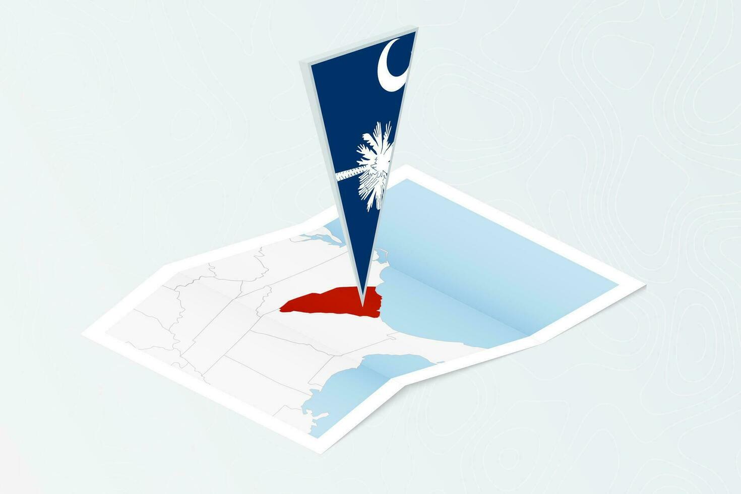 Isometric paper map of South Carolina with triangular flag of South Carolina in isometric style. Map on topographic background. vector