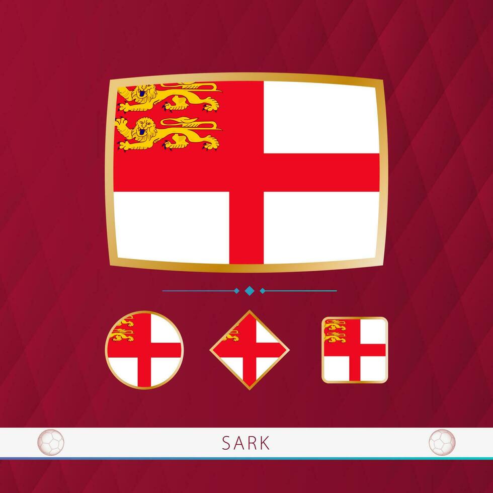 Set of Sark flags with gold frame for use at sporting events on a burgundy abstract background. vector