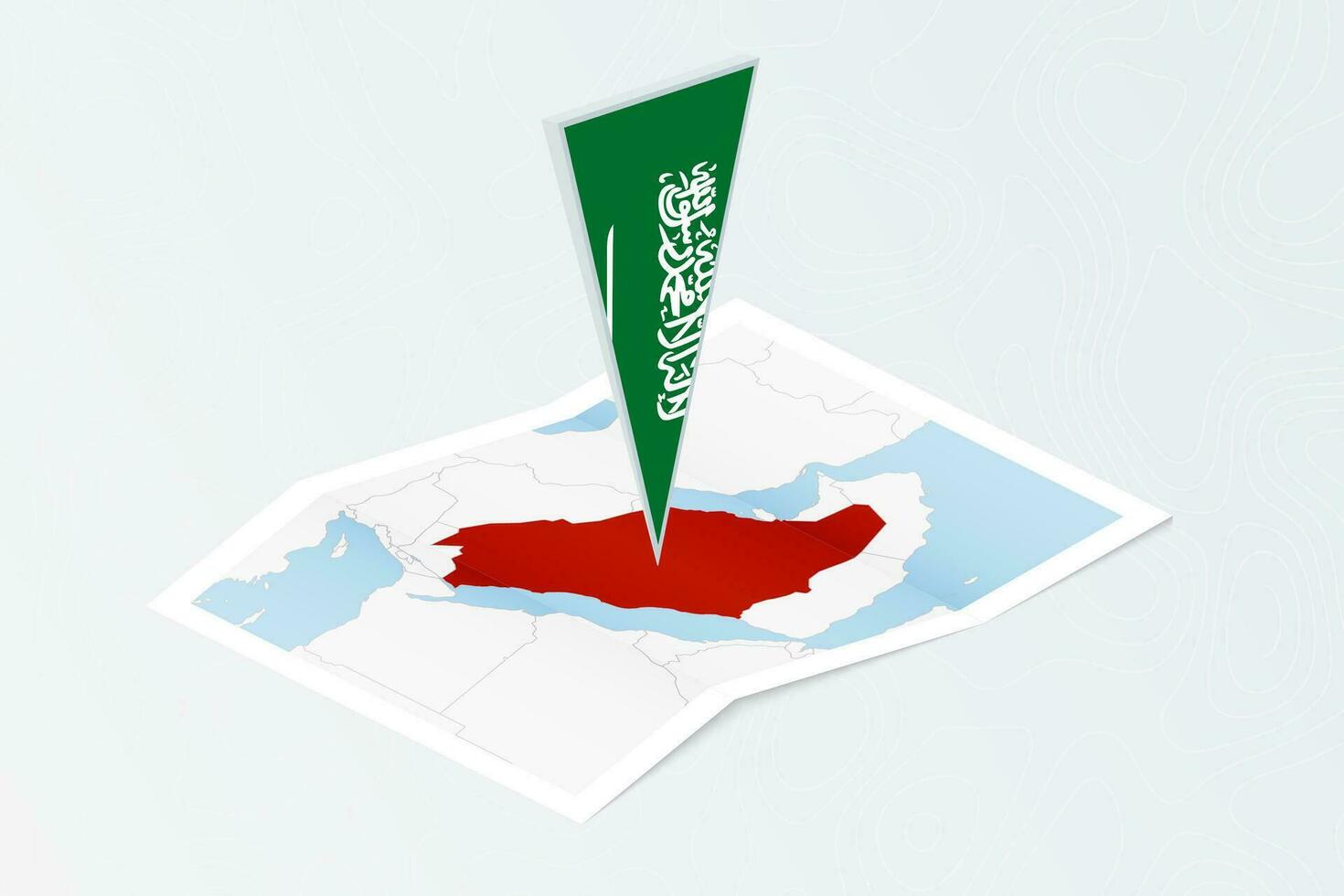 Isometric paper map of Saudi Arabia with triangular flag of Saudi Arabia in isometric style. Map on topographic background. vector