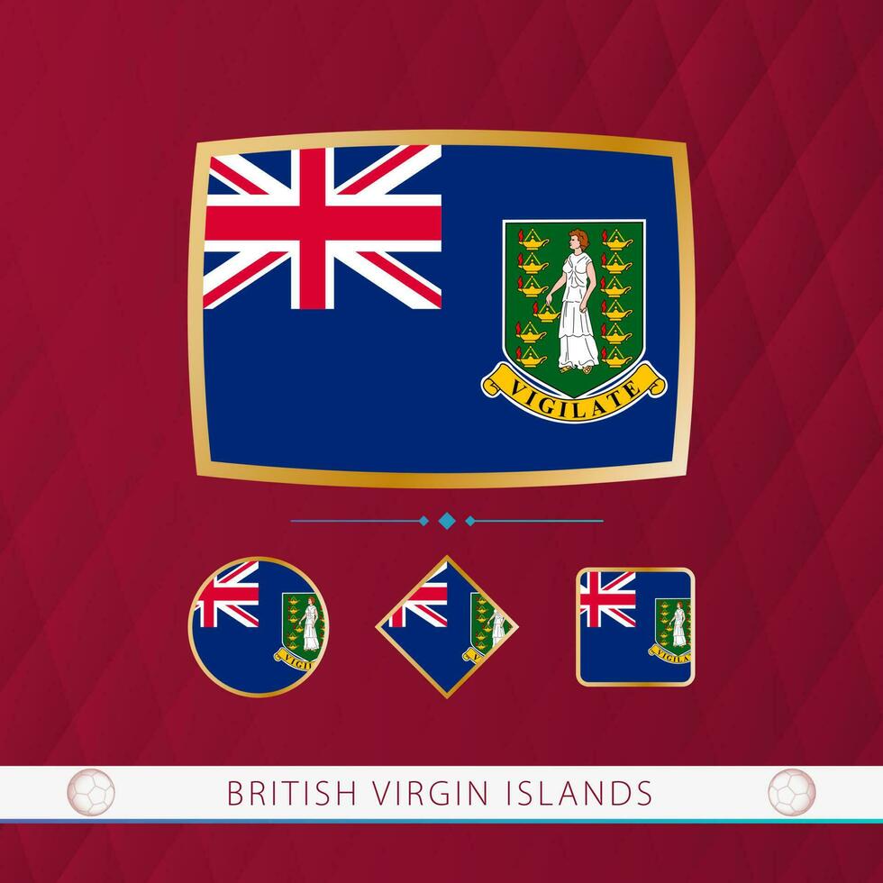 Set of British Virgin Islands flags with gold frame for use at sporting events on a burgundy abstract background. vector