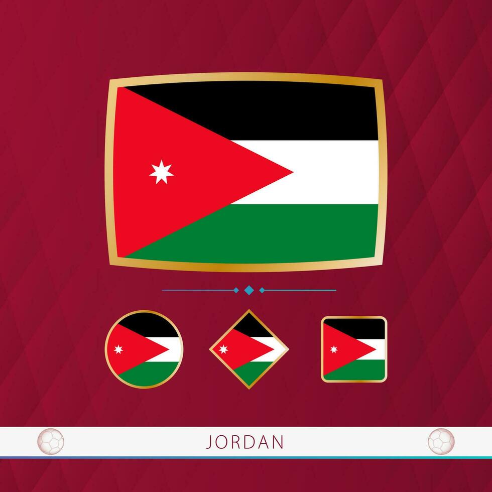 conjunto de Jordán banderas con oro marco para utilizar a deportivo eventos en un borgoña resumen antecedentes. vector