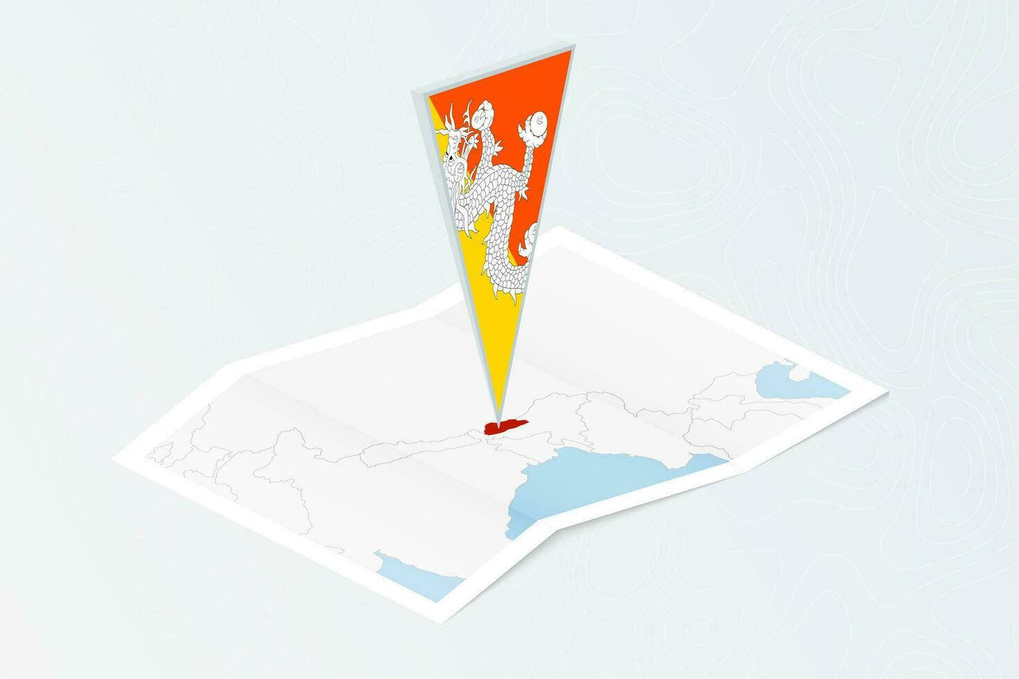 Isometric paper map of Bhutan with triangular flag of Bhutan in isometric style. Map on topographic background. vector