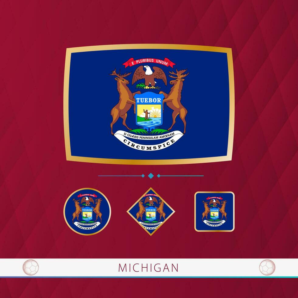 Set of Michigan flags with gold frame for use at sporting events on a burgundy abstract background. vector