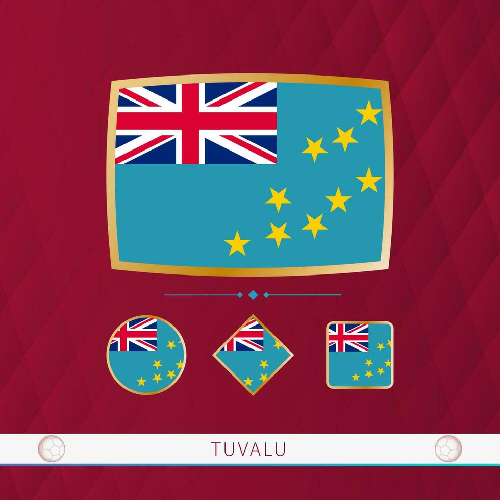 Set of Tuvalu flags with gold frame for use at sporting events on a burgundy abstract background. vector