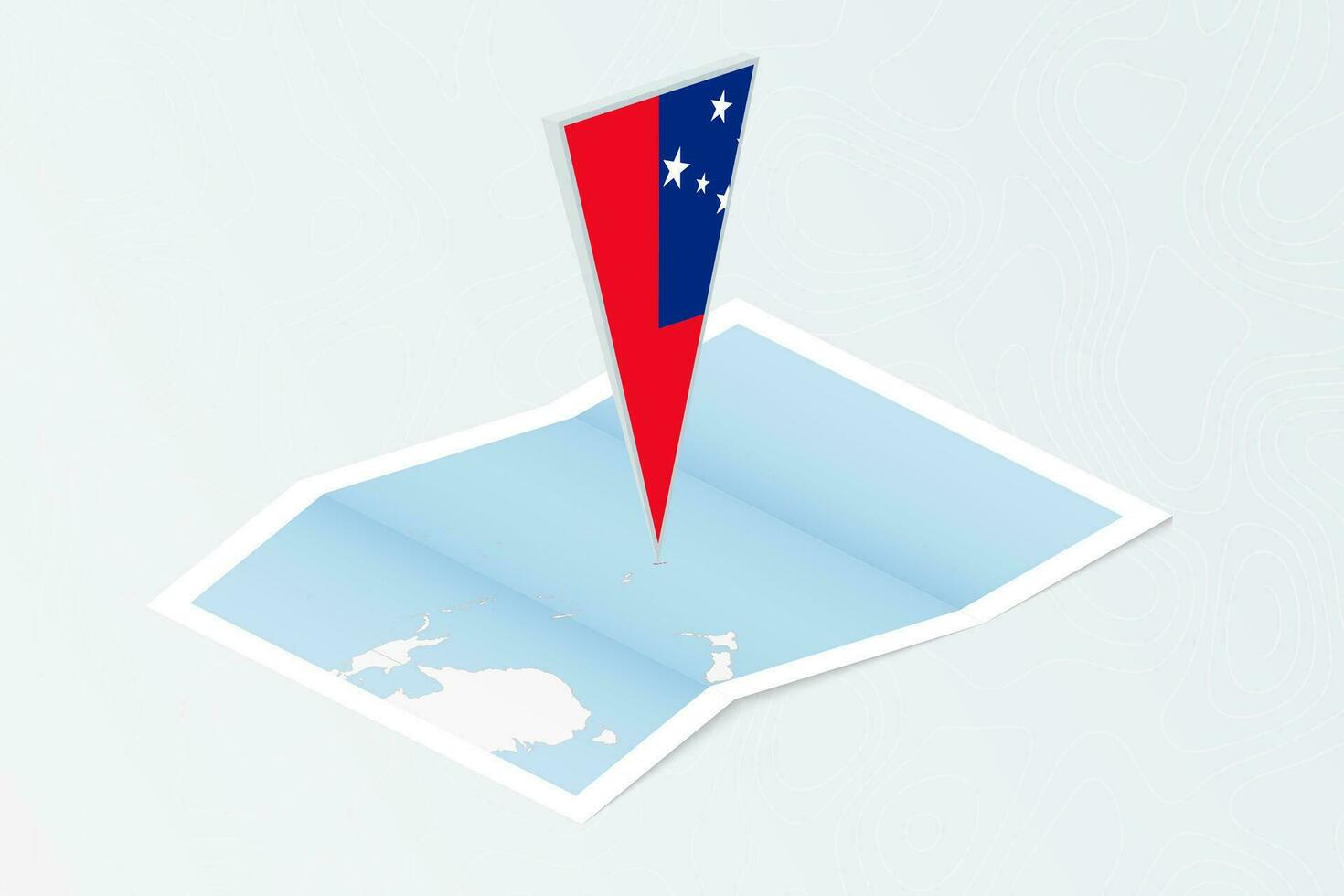 Isometric paper map of Samoa with triangular flag of Samoa in isometric style. Map on topographic background. vector