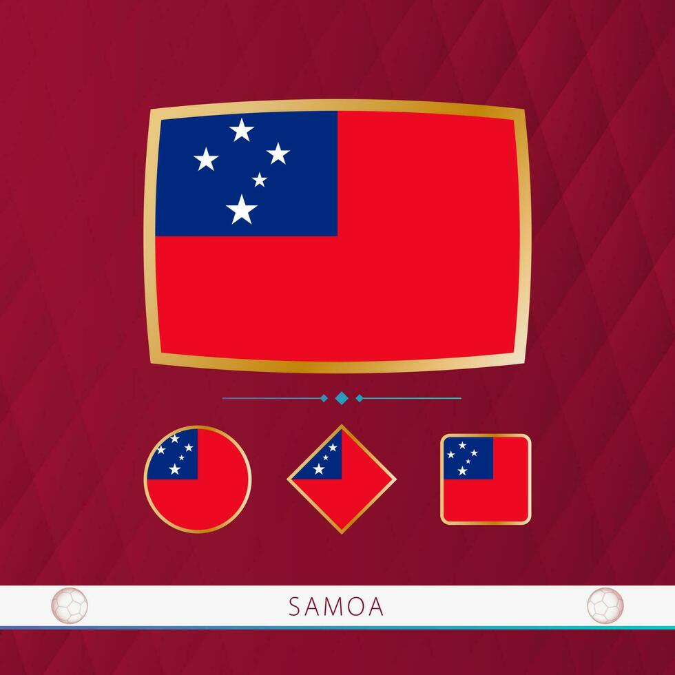 Set of Samoa flags with gold frame for use at sporting events on a burgundy abstract background. vector