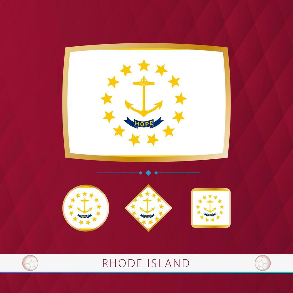 Set of Rhode Island flags with gold frame for use at sporting events on a burgundy abstract background. vector