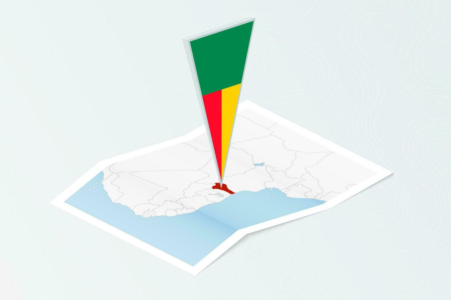 Isometric paper map of Benin with triangular flag of Benin in isometric style. Map on topographic background. vector