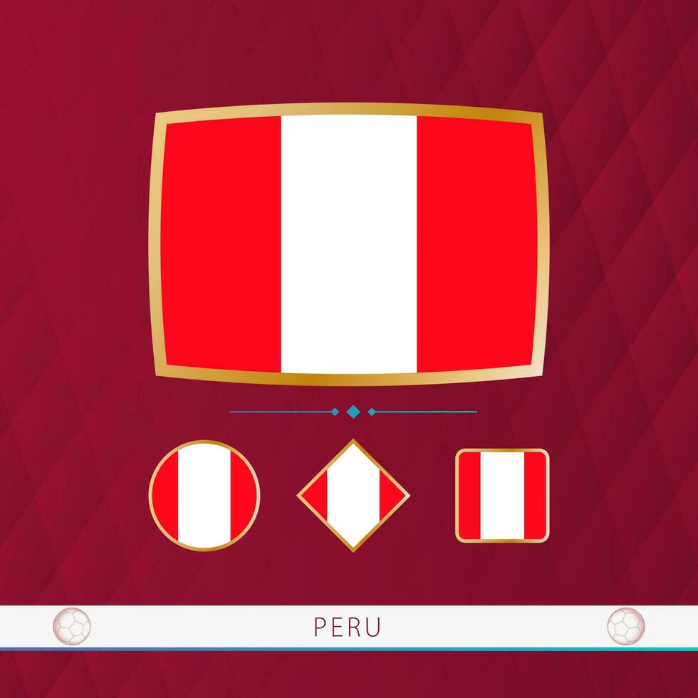 conjunto de Perú banderas con oro marco para utilizar a deportivo eventos en un borgoña resumen antecedentes. vector