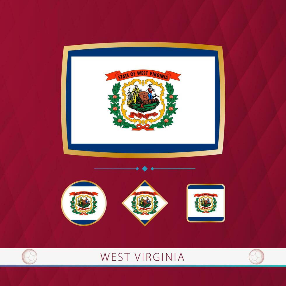 Set of West Virginia flags with gold frame for use at sporting events on a burgundy abstract background. vector