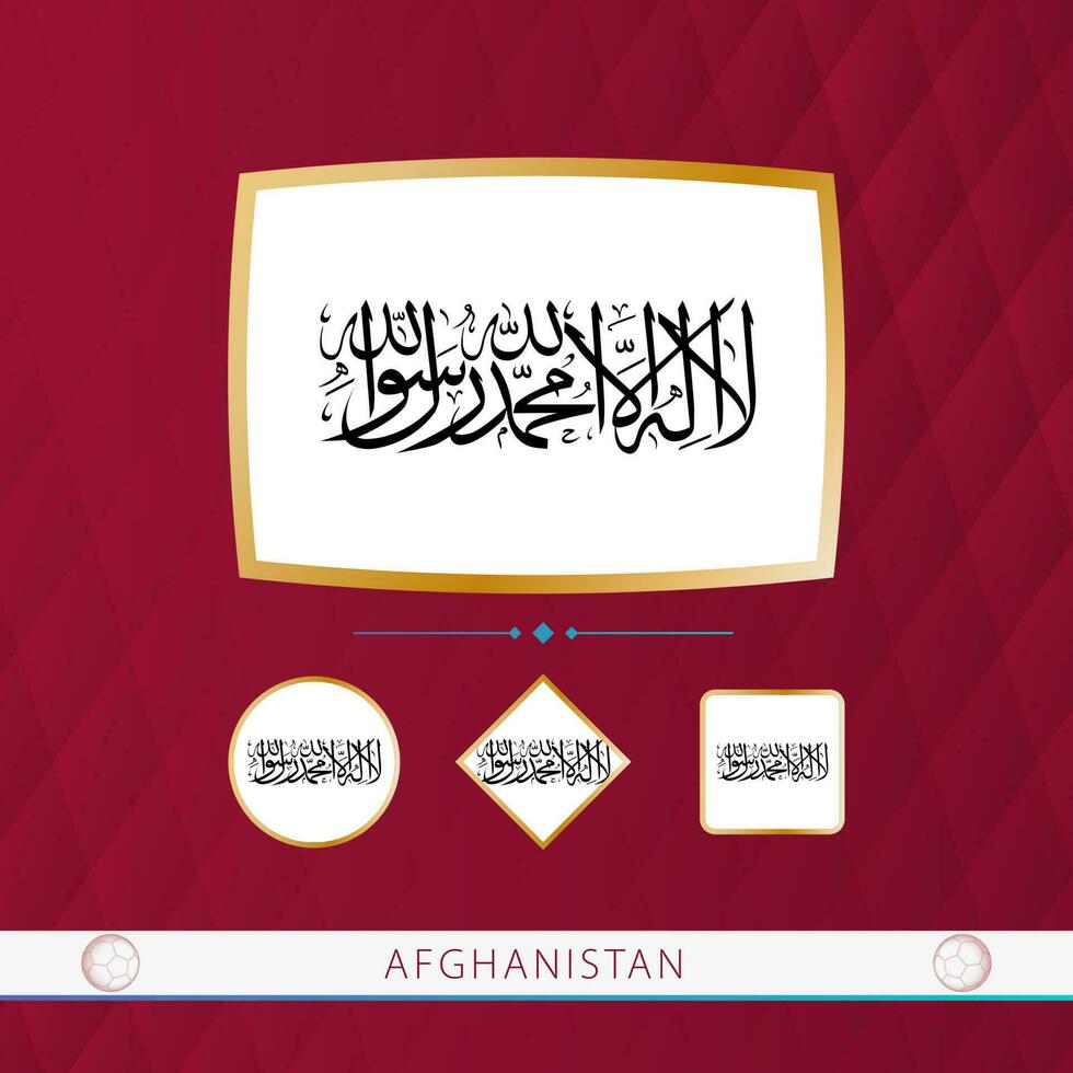 Set of Afghanistan flags with gold frame for use at sporting events on a burgundy abstract background. vector