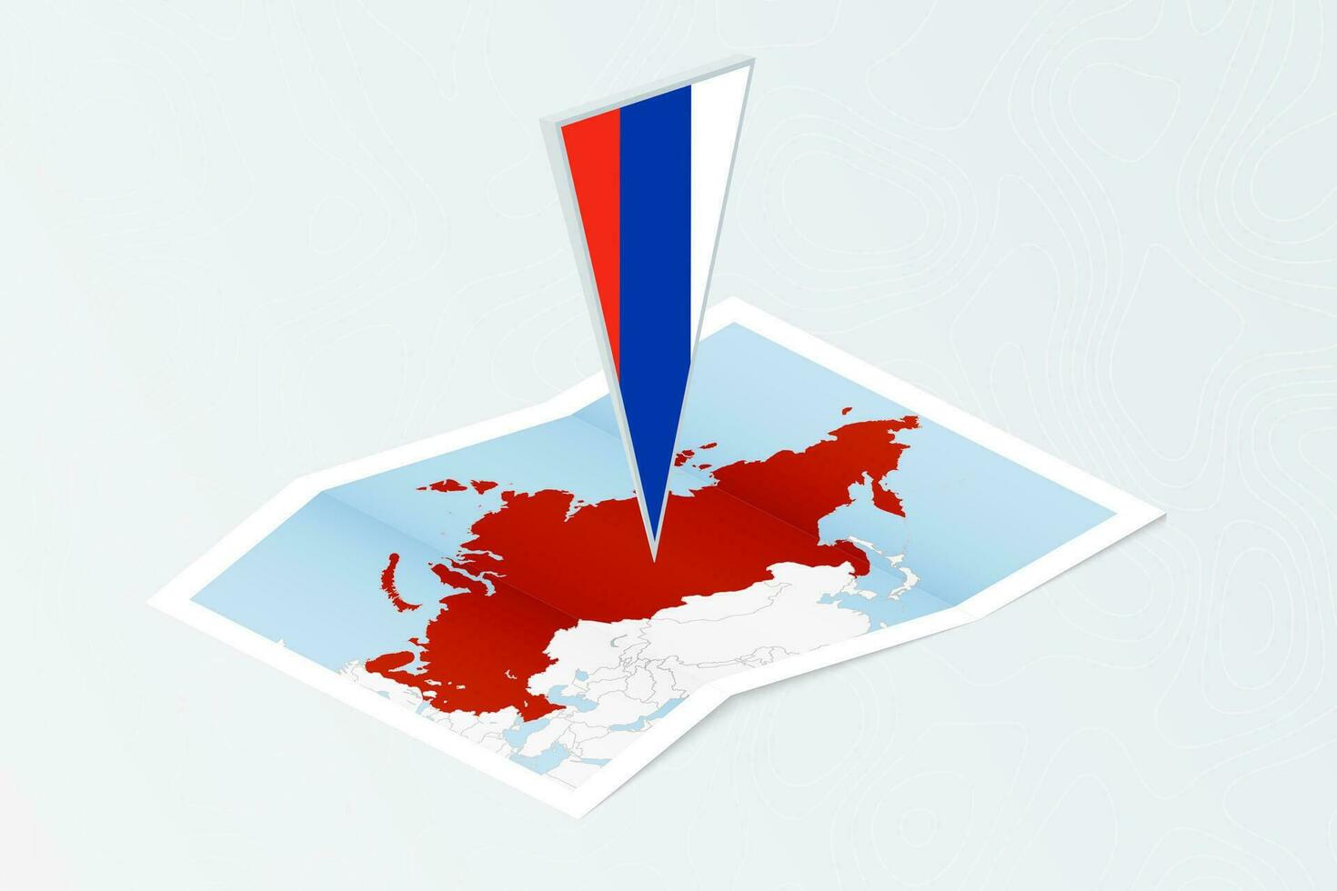 Isometric paper map of Russia with triangular flag of Russia in isometric style. Map on topographic background. vector