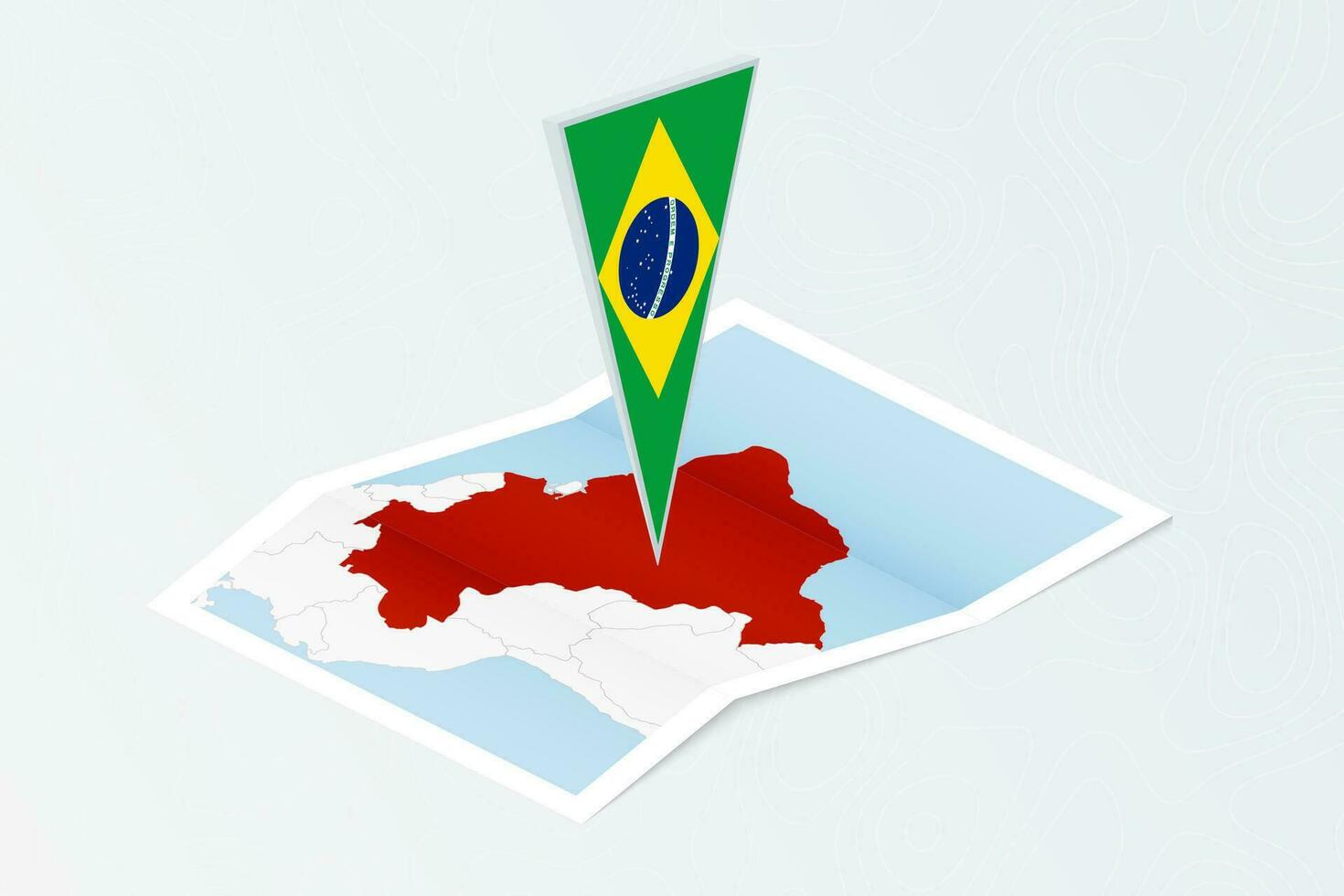 Isometric paper map of Brazil with triangular flag of Brazil in isometric style. Map on topographic background. vector