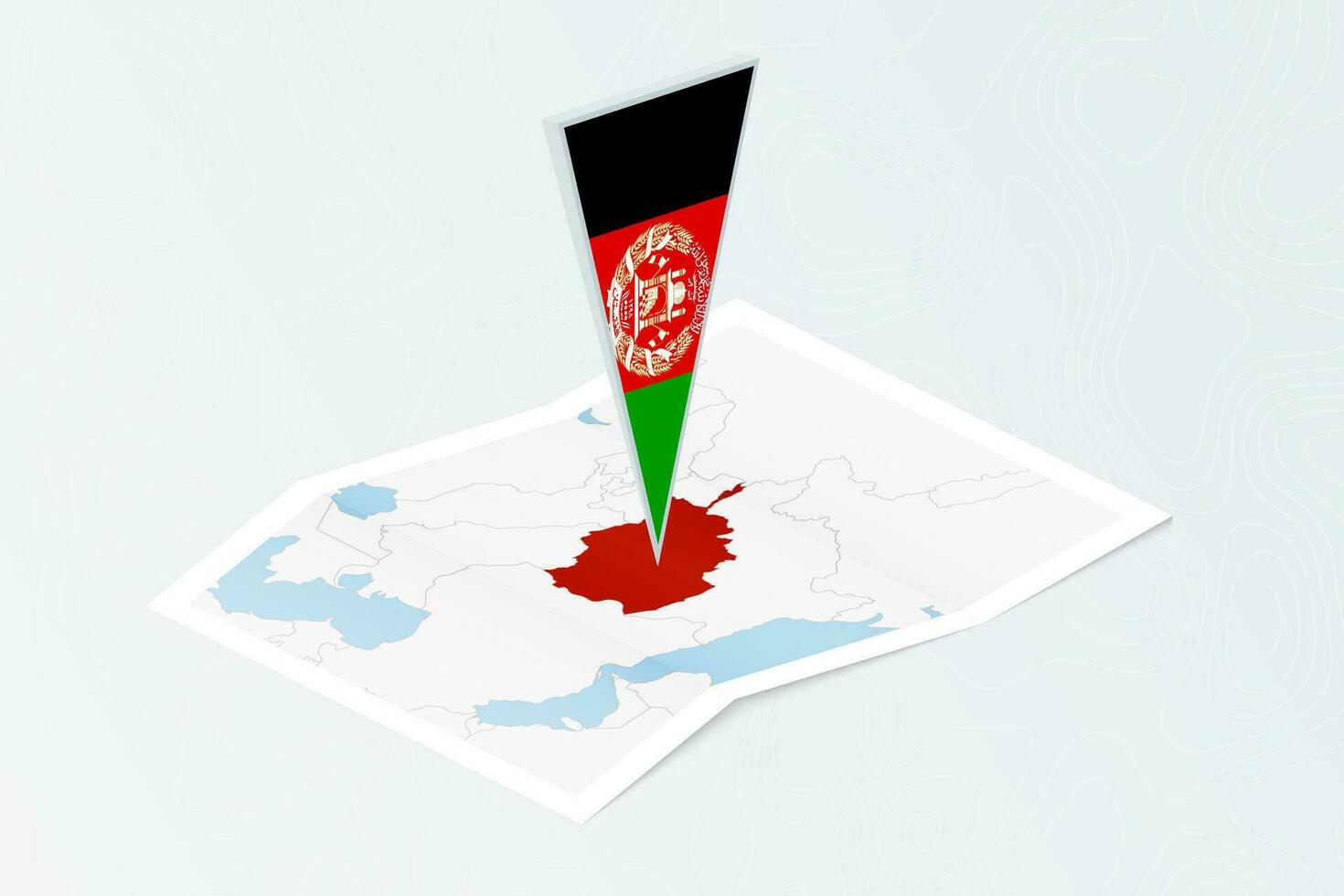 Isometric paper map of Afghanistan with triangular flag of Afghanistan in isometric style. Map on topographic background. vector