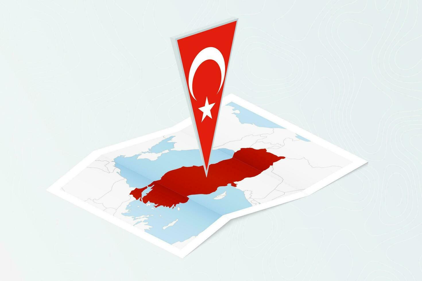 Isometric paper map of Turkey with triangular flag of Turkey in isometric style. Map on topographic background. vector