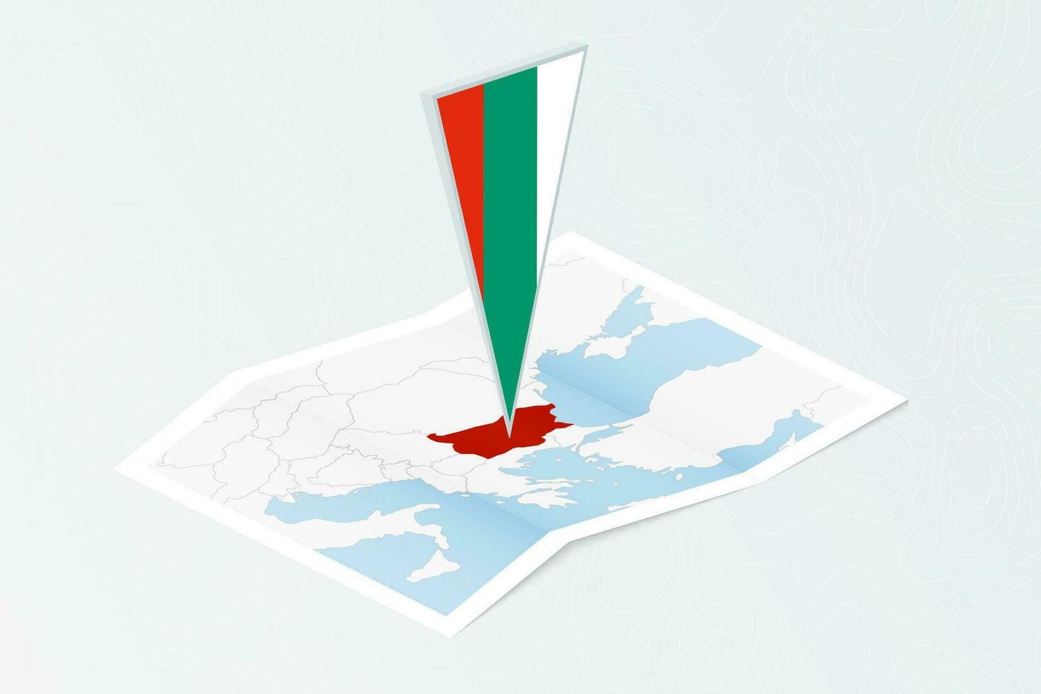 Isometric paper map of Bulgaria with triangular flag of Bulgaria in isometric style. Map on topographic background. vector
