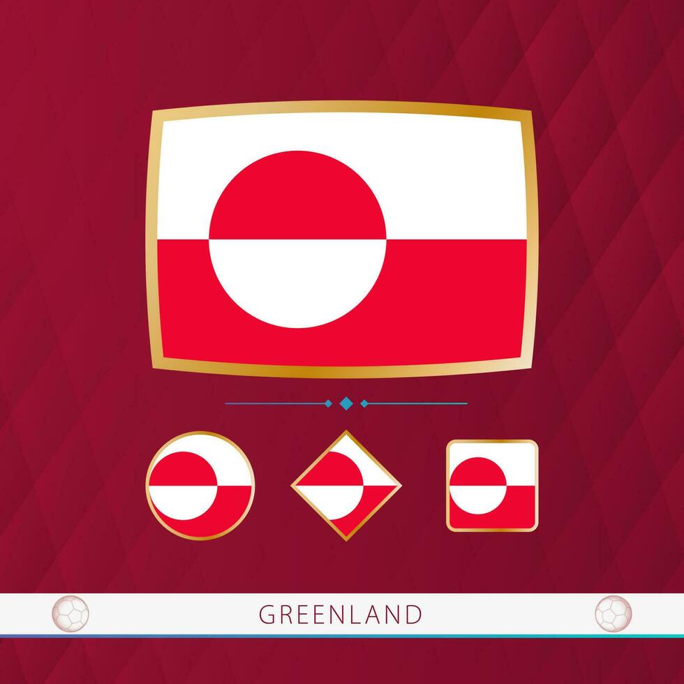 Set of Greenland flags with gold frame for use at sporting events on a burgundy abstract background. vector