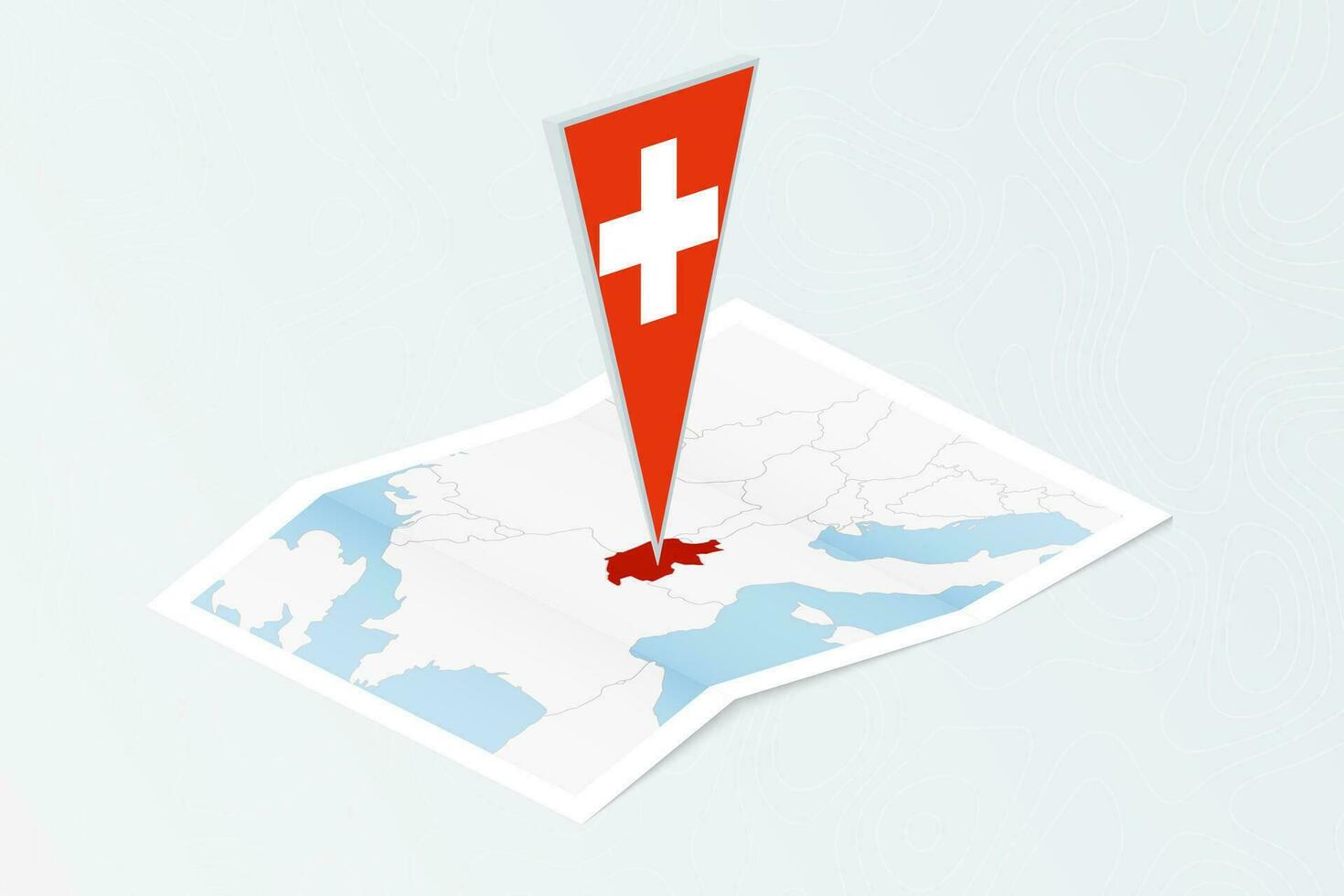 isométrica papel mapa de Suiza con triangular bandera de Suiza en isométrica estilo. mapa en topográfico antecedentes. vector