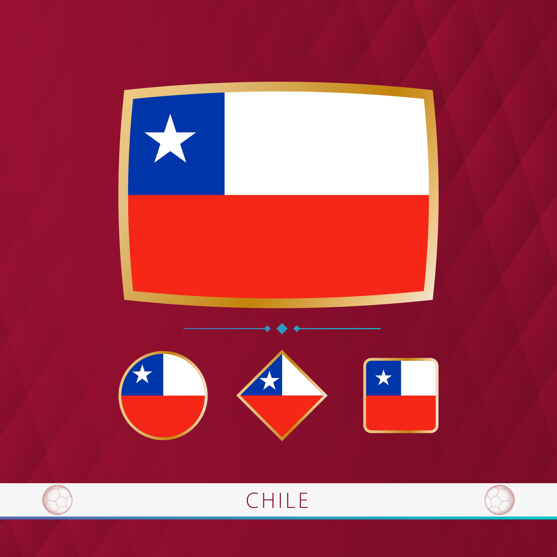 Set of Chile flags with gold frame for use at sporting events on a