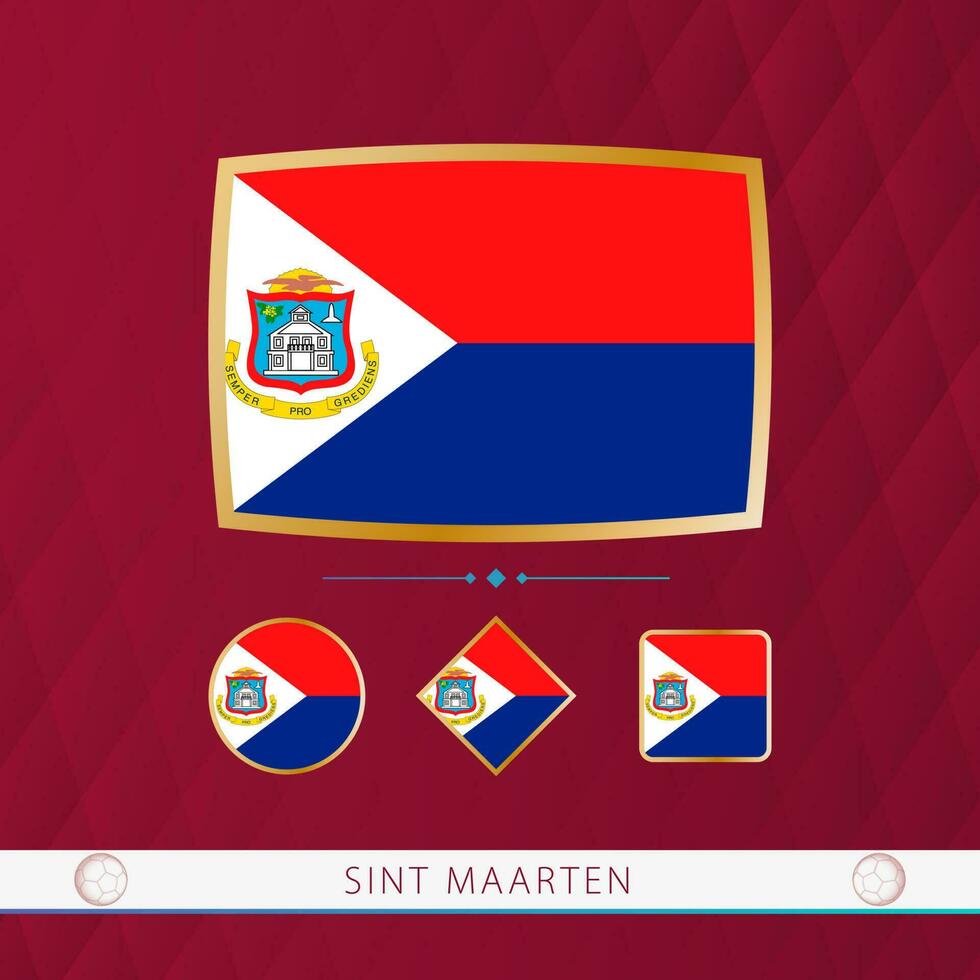Set of Sint Maarten flags with gold frame for use at sporting events on a burgundy abstract background. vector