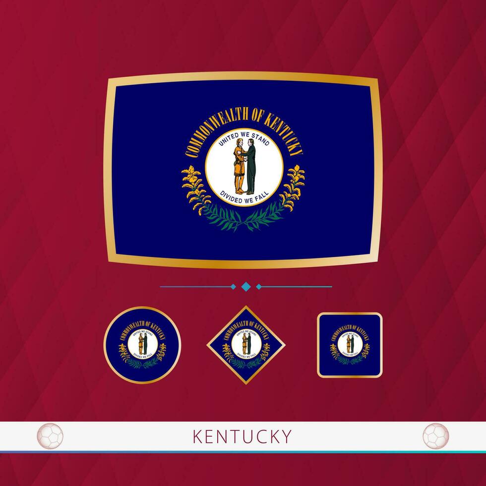 Set of Kentucky flags with gold frame for use at sporting events on a burgundy abstract background. vector
