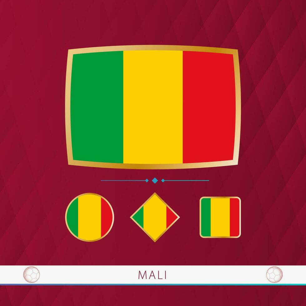Set of Mali flags with gold frame for use at sporting events on a burgundy abstract background. vector