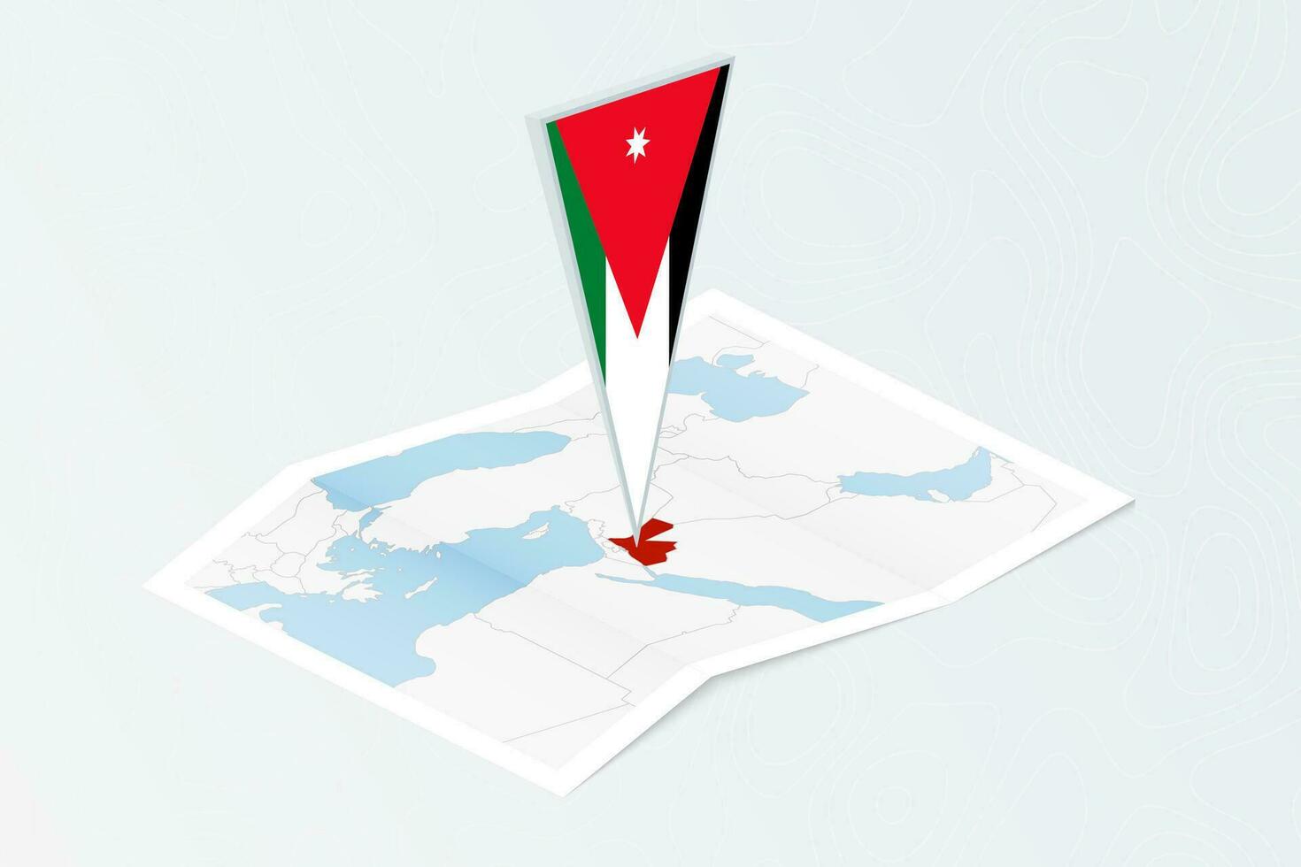 Isometric paper map of Jordan with triangular flag of Jordan in isometric style. Map on topographic background. vector