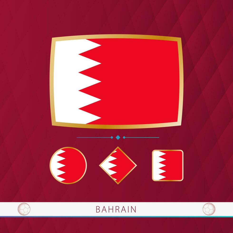 Set of Bahrain flags with gold frame for use at sporting events on a burgundy abstract background. vector