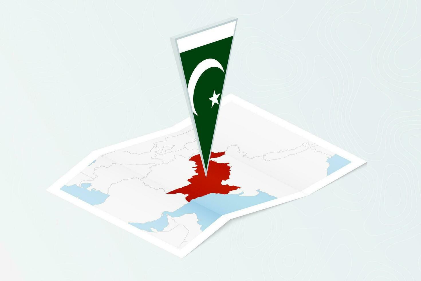 Isometric paper map of Pakistan with triangular flag of Pakistan in isometric style. Map on topographic background. vector