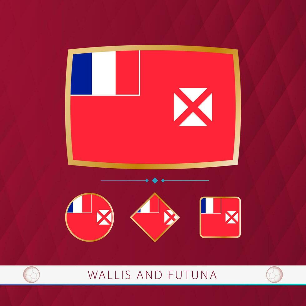 Set of Wallis and Futuna flags with gold frame for use at sporting events on a burgundy abstract background. vector